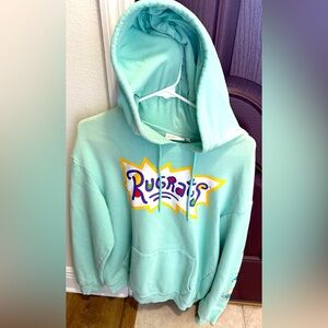 Rugrats Nickelodeon Teal Hoodie Sweatshirt Pockets Characters on Sleeves Size L